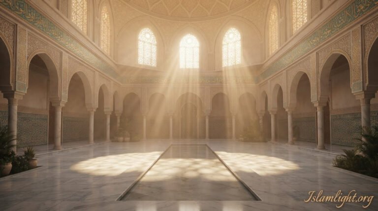 Ethereal glowing rays of divine light streaming from above into a peaceful serene mosque, symbolizing the presence and protection of angels in Islam