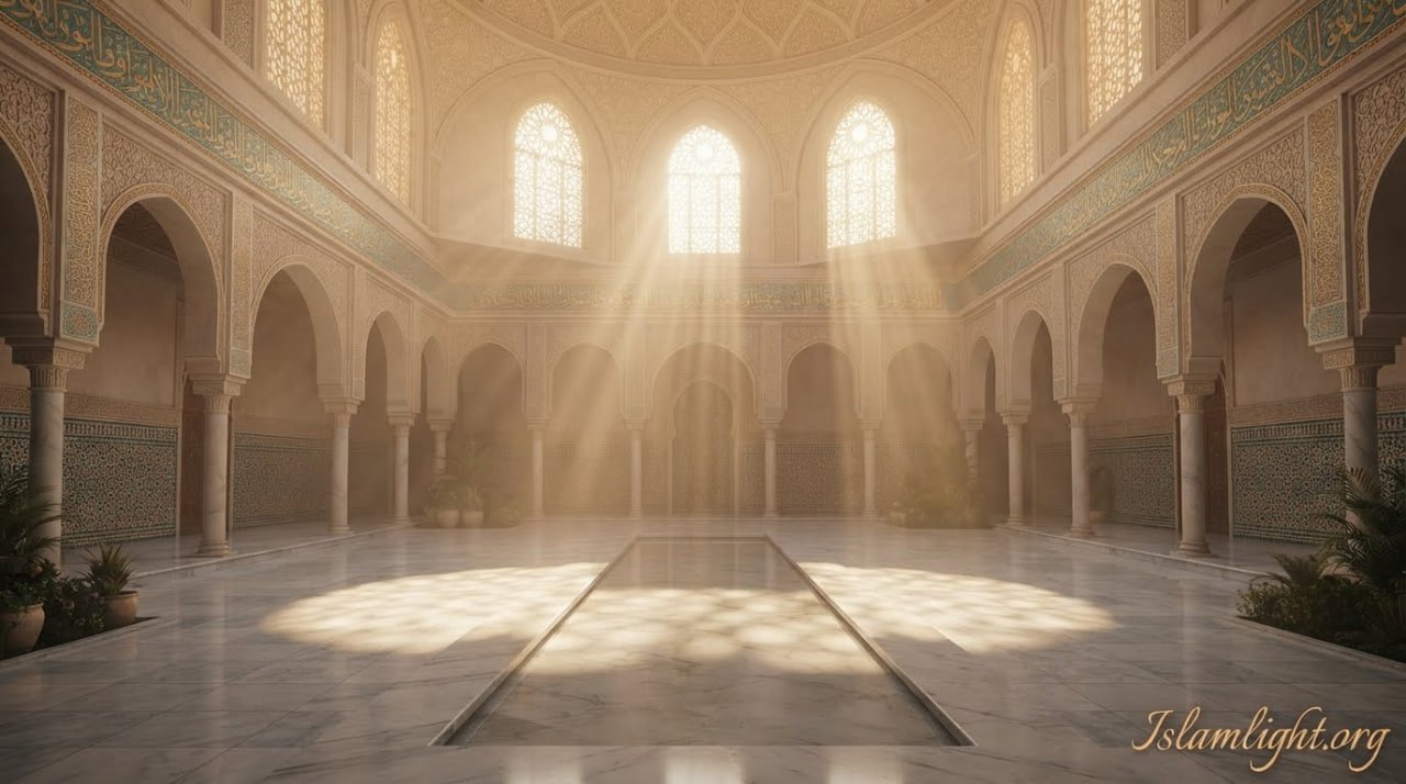 Ethereal glowing rays of divine light streaming from above into a peaceful serene mosque, symbolizing the presence and protection of angels in Islam