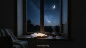 An open book on a windowsill at night under a starry sky symbolizing finding peace in Allah's Qadar
