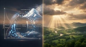 Illuminated clouds and rain rays illustrating natural physical laws and angelic agency in Islam