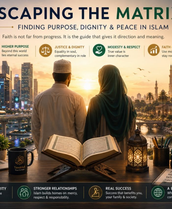 A person escaping a digital matrix world into a bright, natural landscape symbolizing spiritual awakening in Islam.