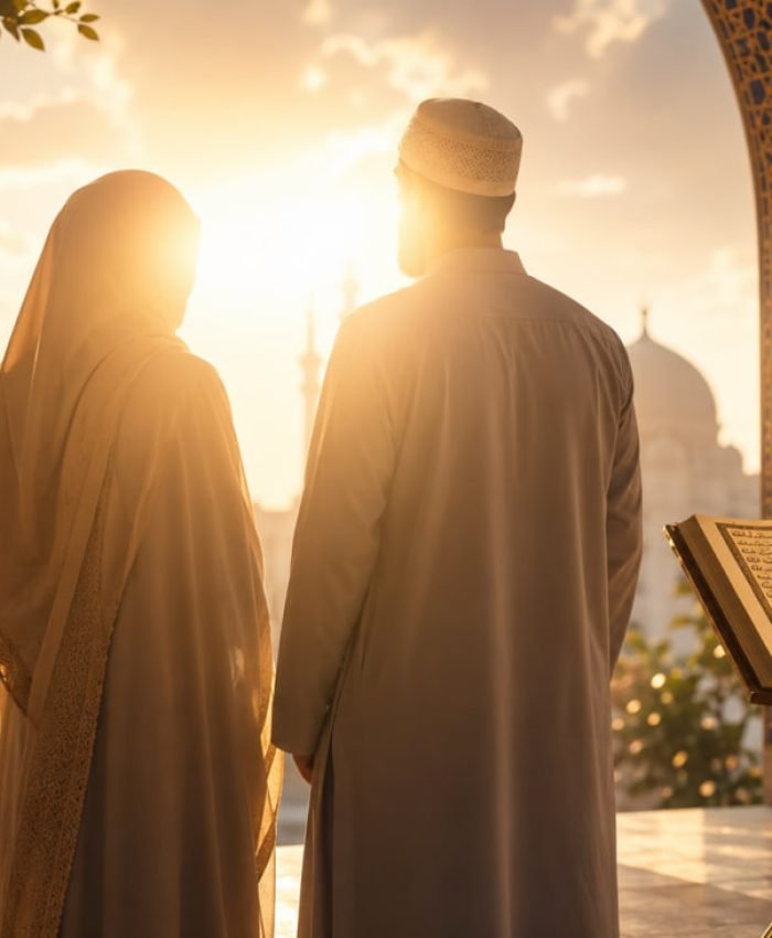 Muslim man and woman standing in harmony beside an open Quran with faces hidden by light