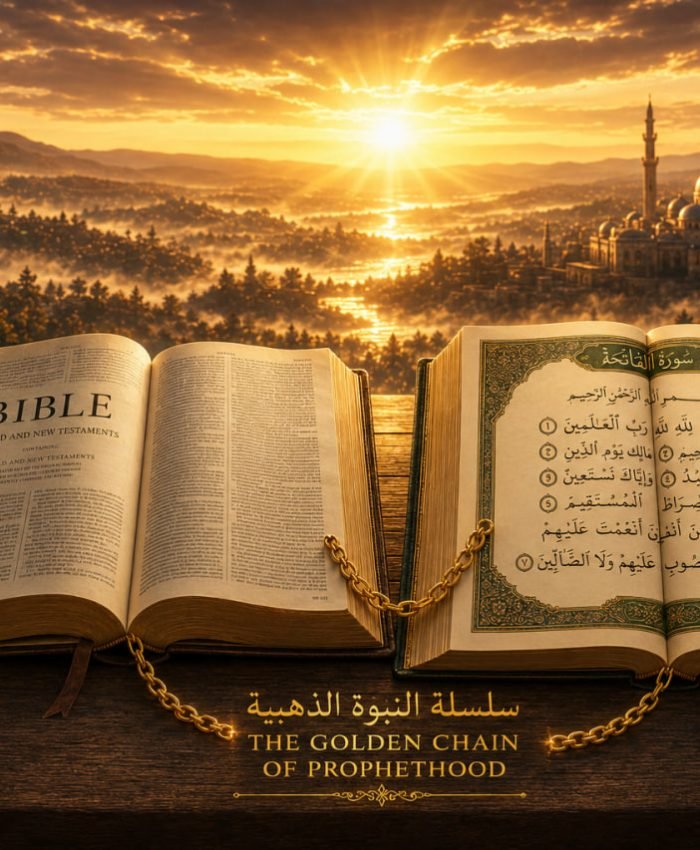 Cinematic digital art showing the Bible and the Quran illuminated by golden divine light, connected by a symbolic chain under a sunrise sky.