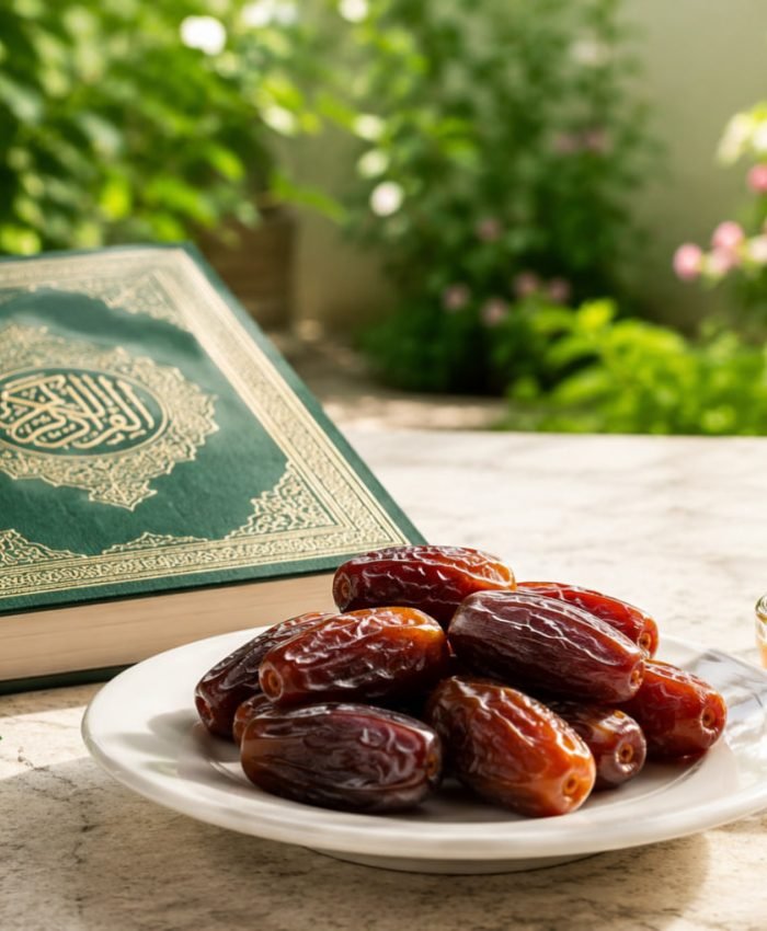 A green Quran next to a plate of fresh dates and honey in a sunlit garden representing Islamic dietary laws and purity.