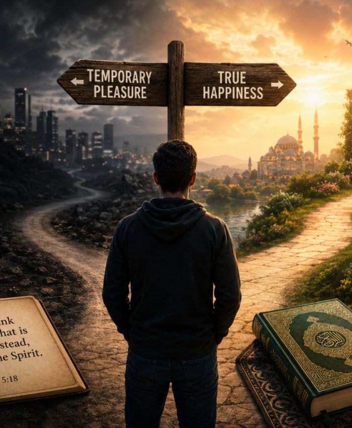 A man standing and choosing between a dark path of alcohol and regret and a bright path of faith, a mosque, and Paradise.