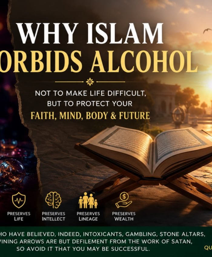 Why Islam forbids alcohol — cinematic Islamic artwork showing broken wine glasses contrasted with a glowing Quran and mosque at sunrise symbolizing spiritual peace, protection of intellect, and Islamic guidance.