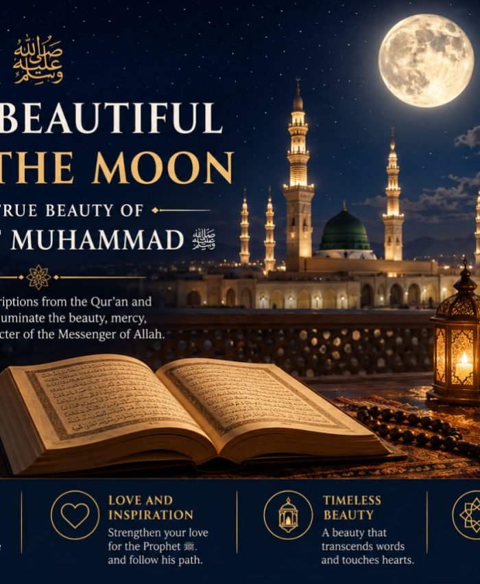 Islamic artistic illustration symbolizing the beauty and noble character of Prophet Muhammad ﷺ beneath a glowing moonlit sky