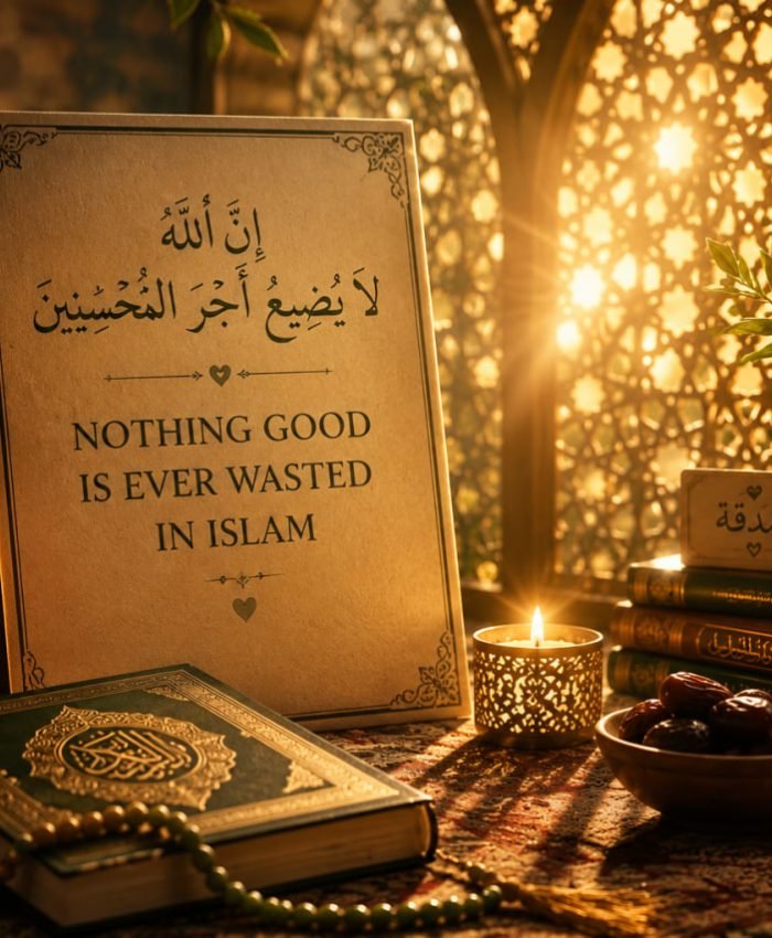 Elegant Islamic-themed image featuring a Qur’an, lanterns, Arabic calligraphy, warm golden light, and spiritual symbols of kindness and charity in Islam