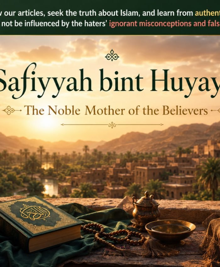 Elegant Islamic artwork representing Safiyyah bint Huyayy رضي الله عنها with a peaceful desert oasis, palm trees, Islamic lanterns, and spiritual atmosphere inspired by Islamic history.