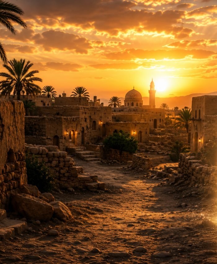 Golden sunset over an ancient desert village near Quba in Medina with glowing lanterns, palm trees, and a radiant spiritual light symbolizing hidden truth and divine guidance.