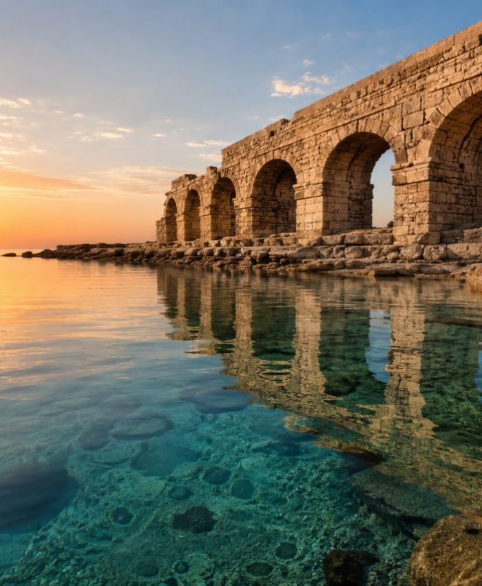 Ancient stone arches overlooking a serene turquoise sea at sunrise, symbolizing emotional validation and peace in Islam.