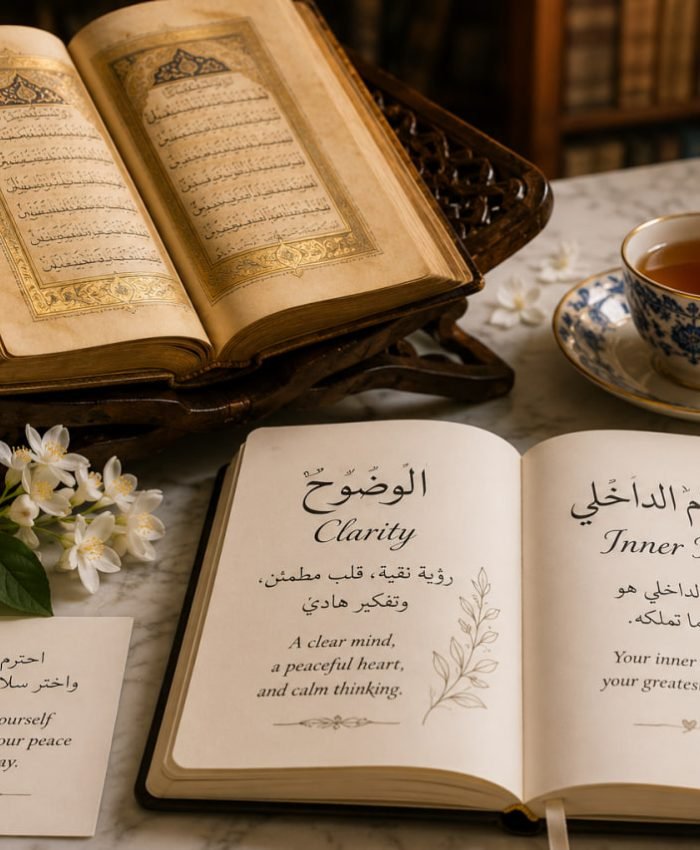An open notebook with elegant Arabic and English calligraphy about peace, next to a porcelain teacup and fresh jasmine flowers on a marble desk