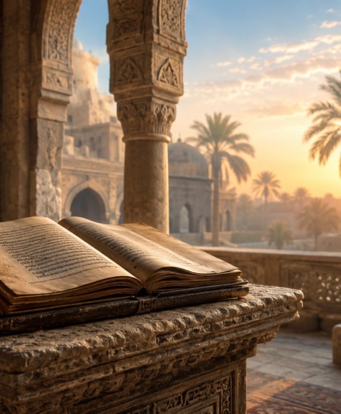 An open historical book on a stone podium with an ancient Arabian background, representing Islamic history research.