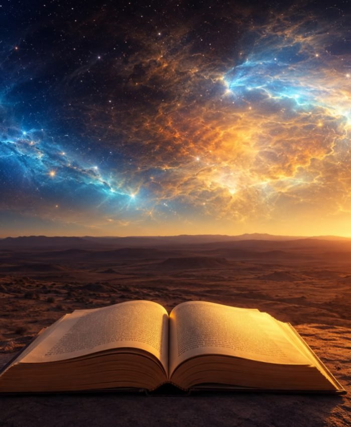 An open book reflecting warm light under a vast, beautifully designed cosmic night sky representing divine creation.