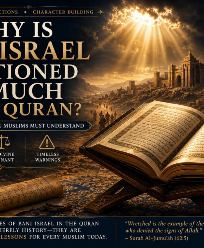 Open Quran illuminated by heavenly light symbolizing the repeated mention of Bani Israel and divine lessons for Muslims.