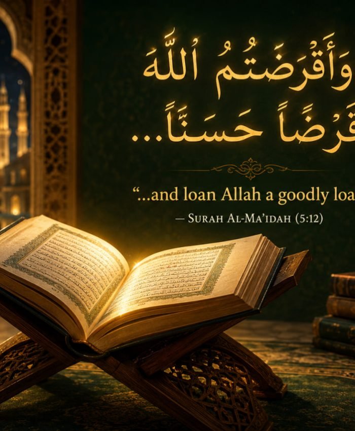 Open Qur’an with glowing Arabic calligraphy about giving Allah a goodly loan from Surah Al-Ma’idah 5:12