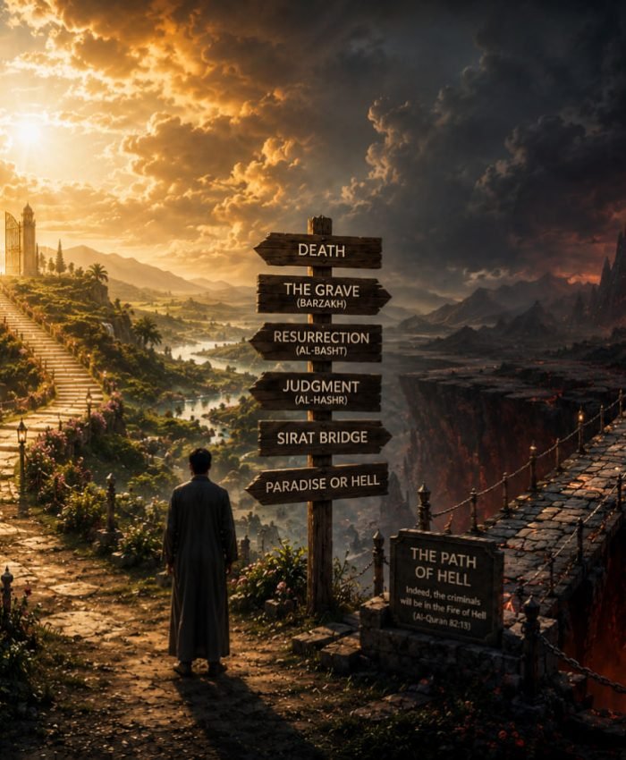 A symbolic cinematic depiction of the soul’s journey after death showing a graveyard beneath a dramatic sky, a radiant heavenly path, and a distant bridge over darkness inspired by Islamic eschatology.