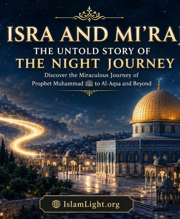 Artistic depiction of the Night Journey (Isra and Mi'raj) featuring Al-Aqsa Mosque, celestial light, and a spiritual Islamic atmosphere.