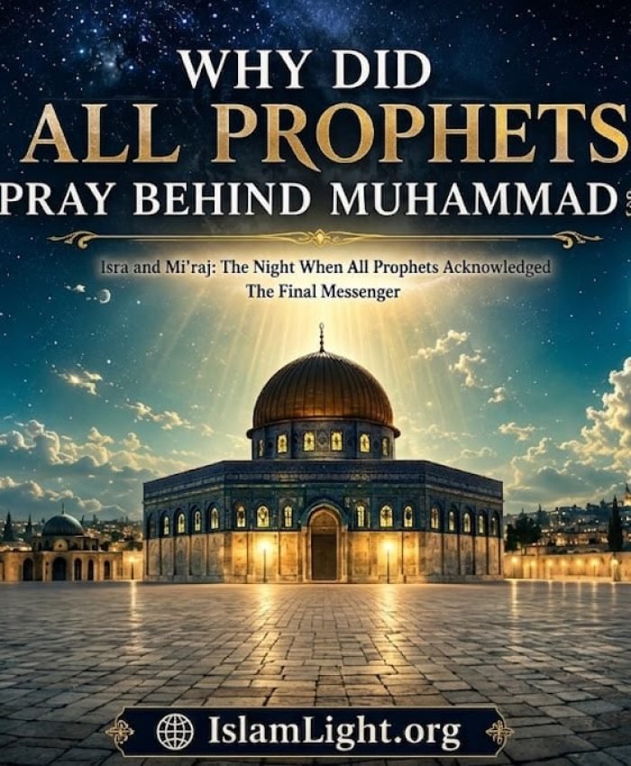 Prophet Muhammad's miraculous Night Journey to Al-Aqsa Mosque where the prophets gathered and prayed behind him before the heavenly ascension.
