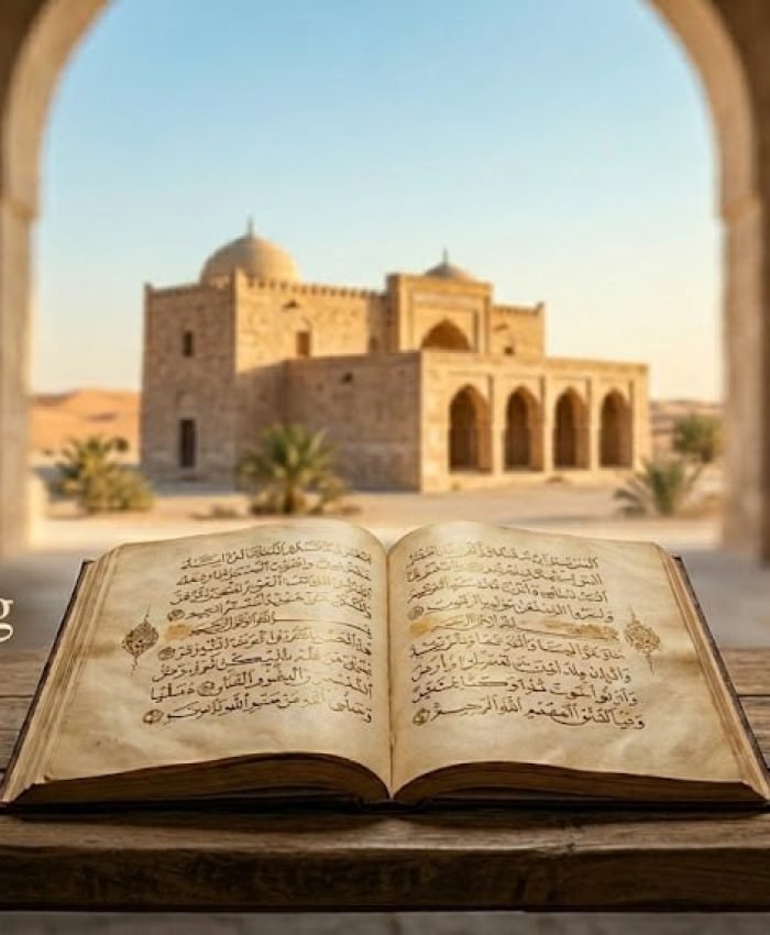Ancient manuscript displaying Arabic calligraphy next to a historic desert building background.