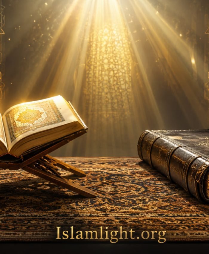 An open Holy Quran radiating divine light next to a traditional Bible, illustrating the concept of divine authorship.