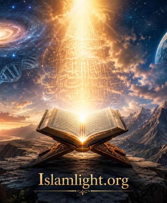 A glowing open Qur'an radiating divine light beneath a star-filled sky, surrounded by galaxies, mountains, DNA imagery, and symbols of knowledge, illustrating the logical and scientific evidence for Islam and belief in one Creator.