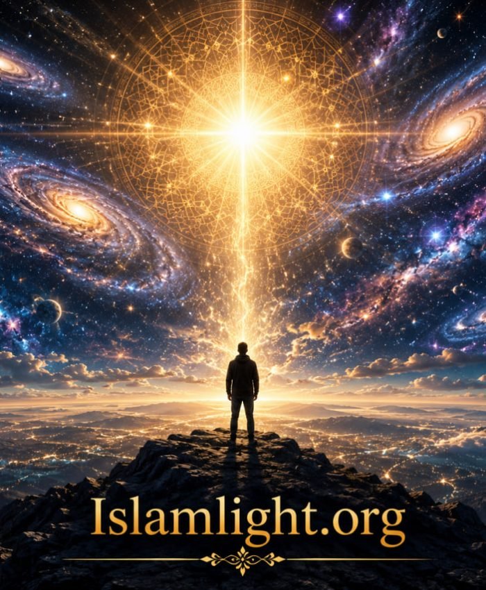 A lone person overlooking a perfectly ordered universe illuminated by one radiant source of light, symbolizing the absolute oneness, perfection, and self-sufficiency of the one true Creator in Islam.