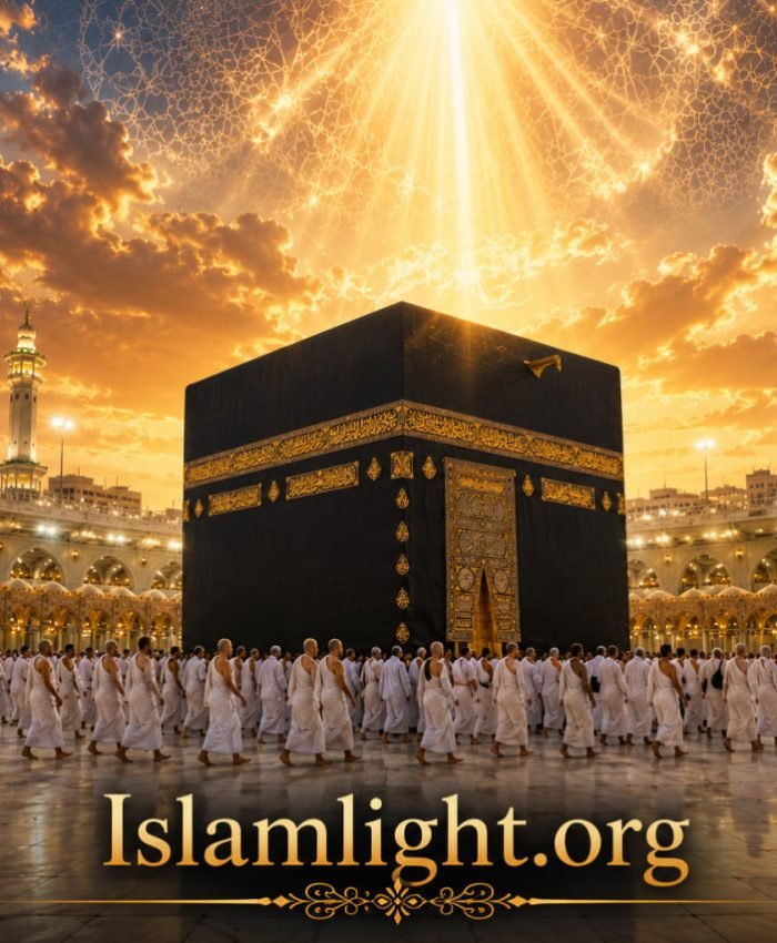 Pilgrims performing Tawaf around the Ka'bah in Makkah while approaching the Black Stone as an act of obedience to Allah, illustrating Islamic monotheism and worship of the one true Creator alone.