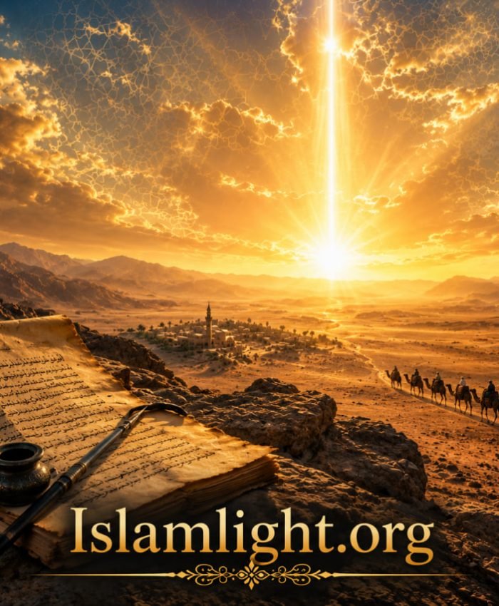 An ancient manuscript and ink pen overlooking a vast Arabian desert at sunrise with a radiant beam of light illuminating the horizon, symbolizing divine revelation, historical evidence, and the prophethood of Muhammad ﷺ.