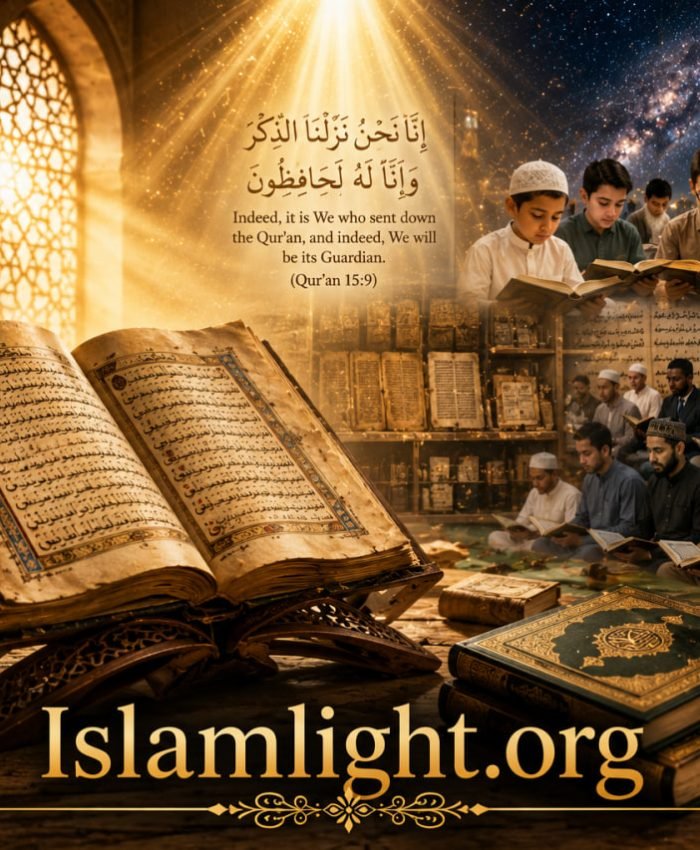 An illustrated pic about An ancient Qur'an manuscript illuminated by golden light with Muslims from diverse backgrounds reciting the Qur'an from memory, symbolizing its preservation through manuscripts and oral transmission across generations.