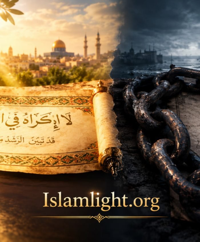 Ancient illuminated Quranic calligraphy scroll representing human liberation contrasted with colonial iron chains.