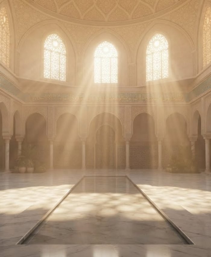 Ethereal glowing rays of divine light streaming from above into a peaceful serene mosque, symbolizing the presence and protection of angels in Islam