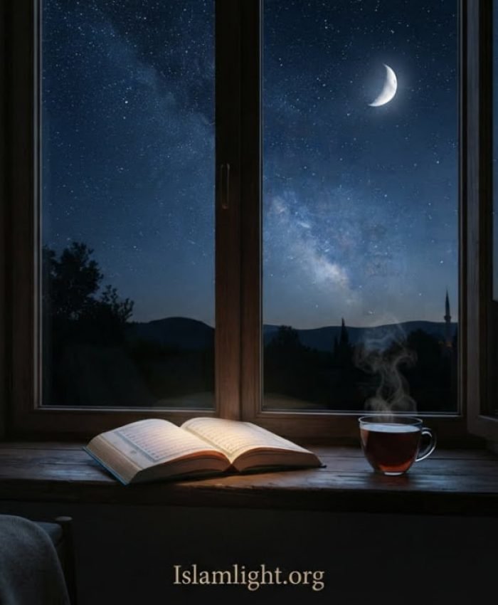 An open book on a windowsill at night under a starry sky symbolizing finding peace in Allah's Qadar