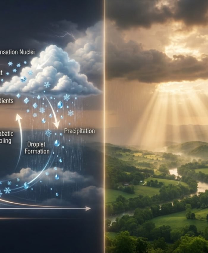 Illuminated clouds and rain rays illustrating natural physical laws and angelic agency in Islam